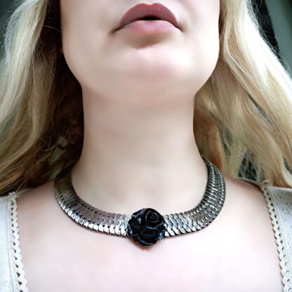 Submissive black rose collar BDSM necklace steampunk jewelry