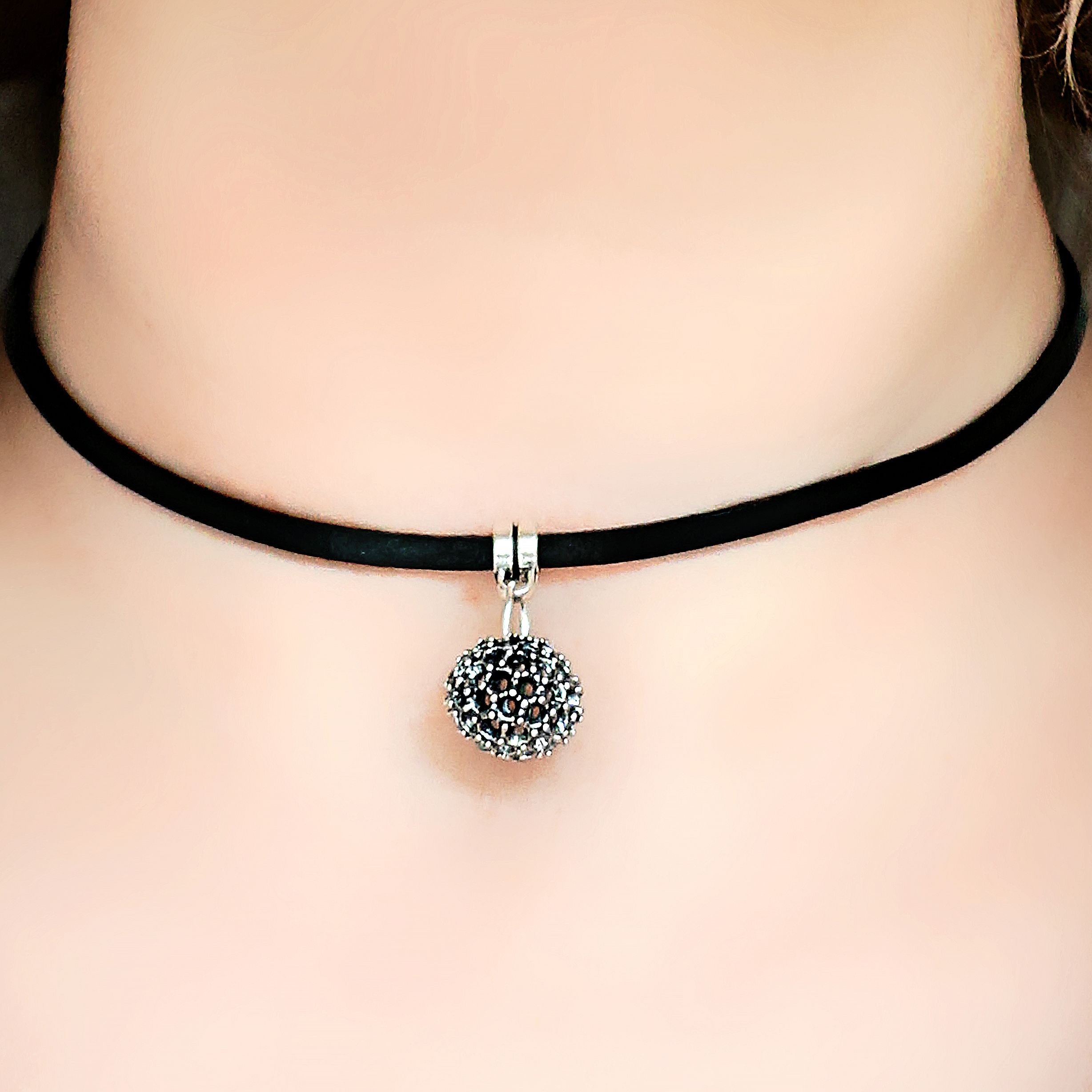 Leather choker necklace for men with black diamonds pendant