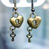 Steampunk BDSM jewelry long earrings lock heart key submissive accessories mistress